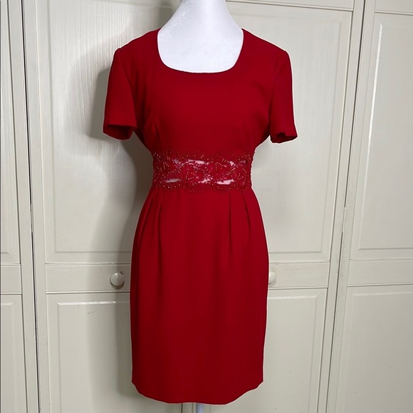 Donna Morgan Woman’s Petite Red Dress with Tie Belt Sz 6 Short Sleeve Lace - Picture 1 of 12